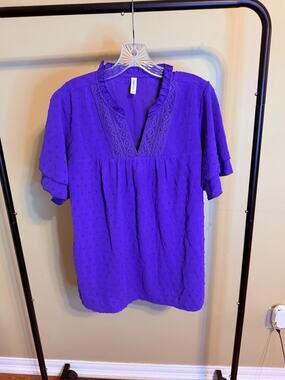 Falechay Purple V-Neck Flutter SLeeve Top Size XL Textured